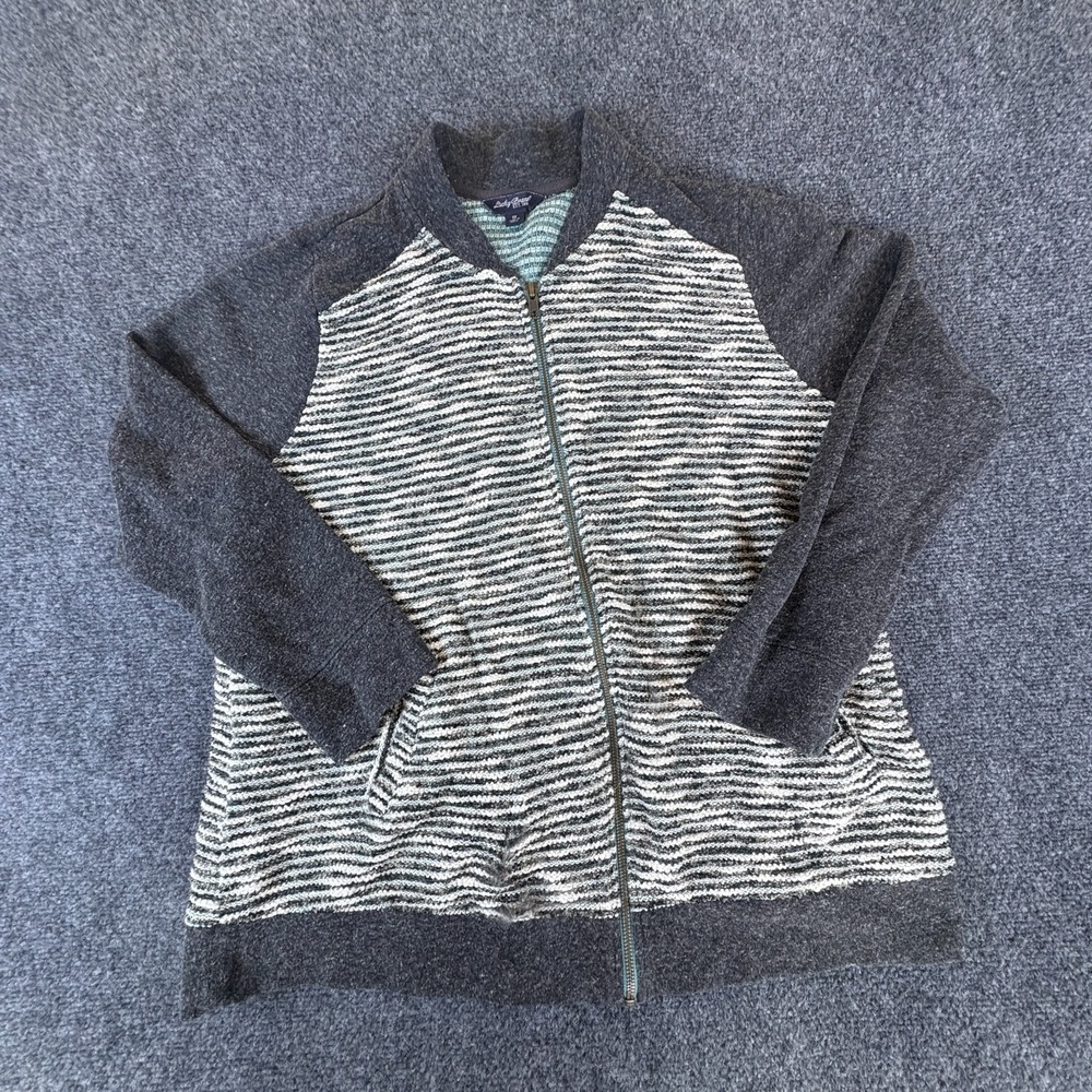 Lucky Brand Sweater Womens 1X White Gray Textured Long Sleeve Bomber Neck Zip Up